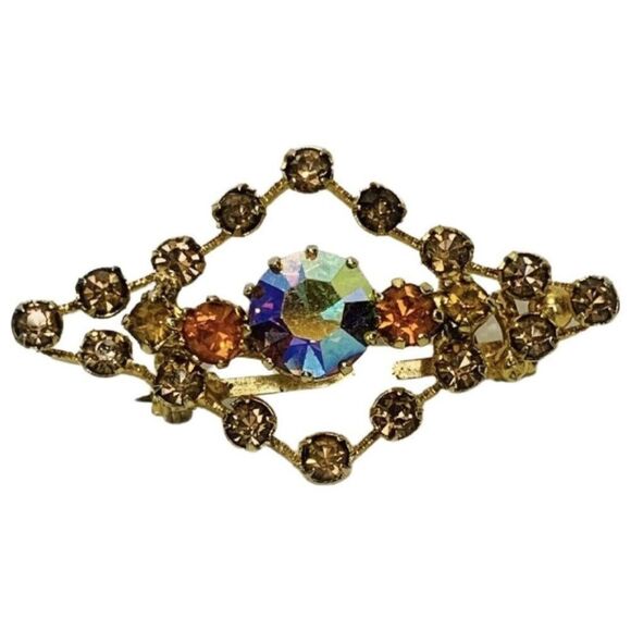 Vintage Austrian Crystal Aurora Borealis Shimmering Gold Tone Women’s Brooch - Picture 2 of 9